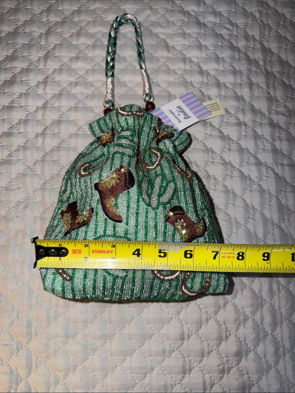 Beaded Green Cowboy Boot & Horseshoe Drawstring Evening Bag - Picture 6 of 7